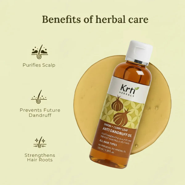 Key benefits of Krti Herbals Anti Dandruff  Oil – clear scalp flakes, soothes itching, prevents future dandruff, natural anti fungal care, hydrates and balances 