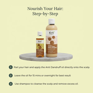 Step-by-step visual guide to using Anti Dandruff  Oil and Herbal Shampoo combo – apply oil, leave for 1 hour, rinse with shampoo