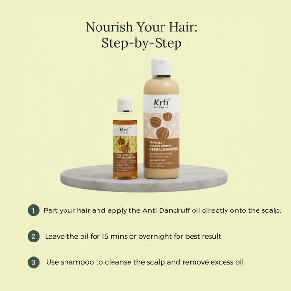 Step-by-step visual guide to using Anti Dandruff  Oil and Herbal Shampoo combo – apply oil, leave for 1 hour, rinse with shampoo