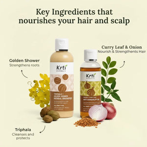 Ayurvedic ingredients in Anti Dandruff Oil and Herbal Shampoo – including Onion, Curry Leaf, Castor Oil, Fenugreek,Triphala and Golden Shower
