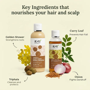 Ayurvedic ingredients in Anti Dandruff Oil and Herbal Shampoo – including Onion, Curry Leaf, Castor Oil, Fenugreek,Triphala and Golden Shower