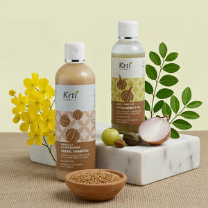 Anti Dandruff Oil and Triphala Herbal Shampoo combo pack by Krti Herbals – front view with both products arranged together