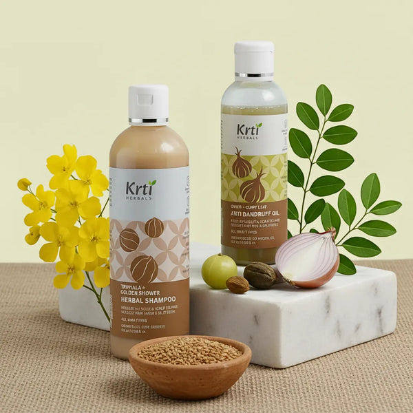 Anti Dandruff Oil and Triphala Herbal Shampoo combo pack by Krti Herbals – front view with both products arranged together