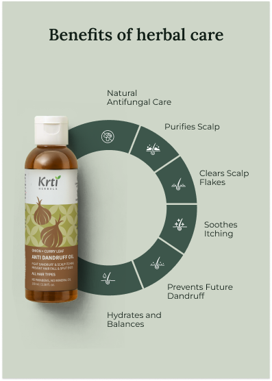 Benefits of Krti Herbals Anti Dandruff Oil for soothing scalp irritation, reducing flakes, and preventing dandruff
