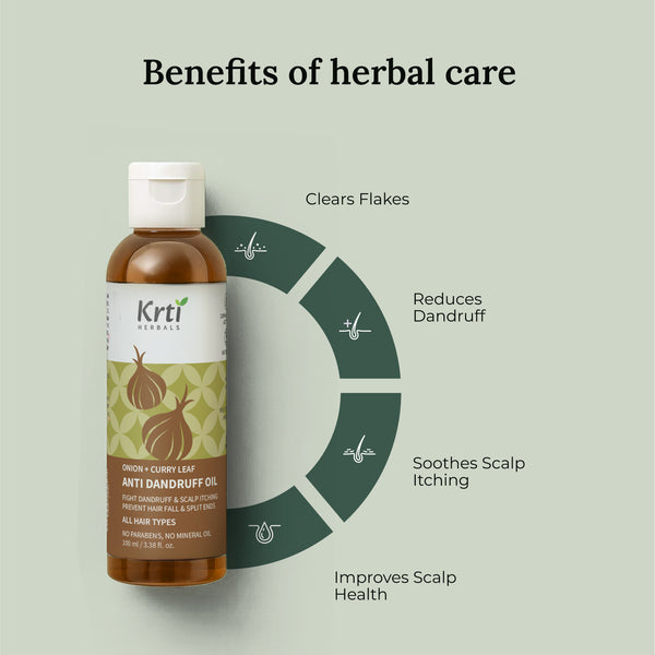 Benefits of Krti Herbals Anti Dandruff Oil for soothing scalp irritation, reducing flakes, and preventing dandruff