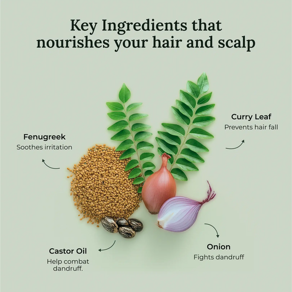 Natural ingredients used in Krti Herbals Anti Dandruff Oil such as Bhringraj, Neem, Tea Tree, and Lemon