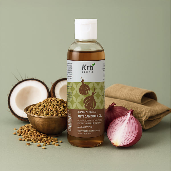 Front view of Krti Herbals Anti Dandruff Oil showing packaging and label clearly