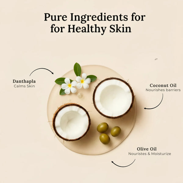 Natural ingredients used in Krti Herbals Danthapala Handmade Bathing Bar such as Danthapala Oil, Olive Oil and Coconut Oil