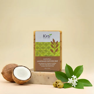Front view of Krti Herbals Danthapala Handmade Bathing Bar showing packaging and label clearly