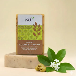 Front view of Krti Herbals Danthapala Handmade Bathing Bar showing packaging and label clearly