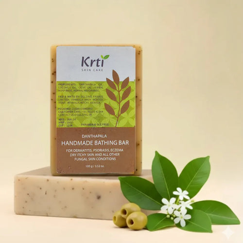 Front view of Krti Herbals Danthapala Handmade Bathing Bar showing packaging and label clearly