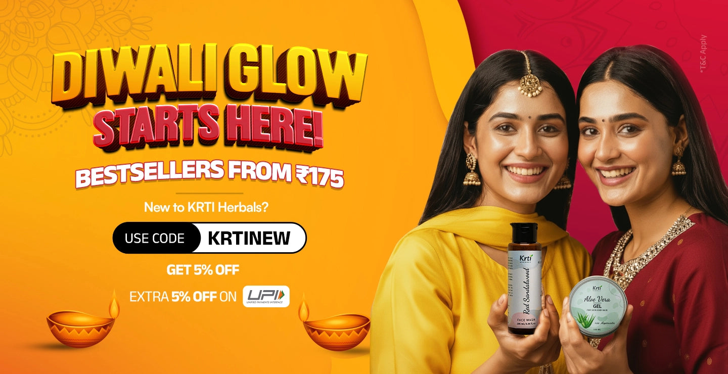 Two women holding Krti Herbals products with a promotional banner for Diwali Glow
