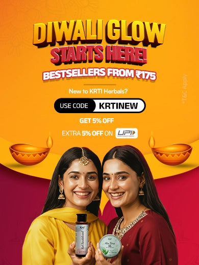 Two women holding Krti Herbals products with a promotional banner for Diwali Glow