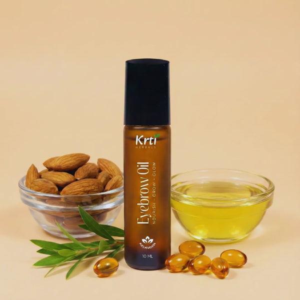 Front view of Krti Herbals Eyebrow Growth Oil Roll-On showing packaging and label clearly