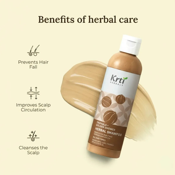 Key benefits of Krti Herbals Triphala Herbal Shampoo – cleanses scalp, supports hair growth, and reduces hair fall

