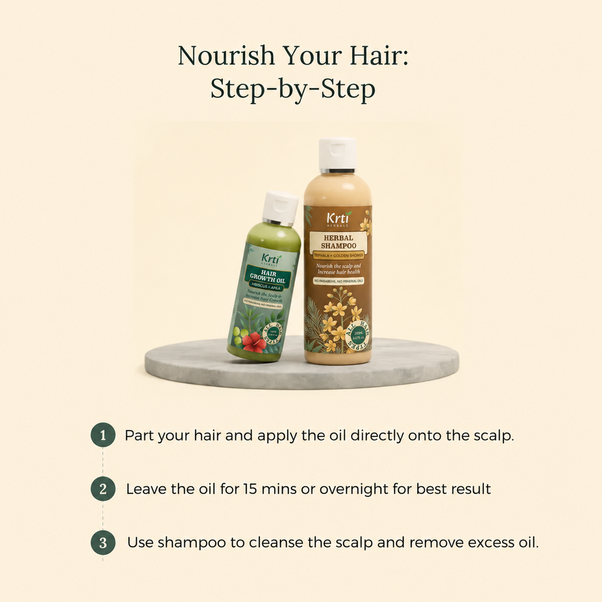 Step-by-step visual guide to using Hair Growth Oil and Herbal Shampoo combo – apply oil, leave for 1 