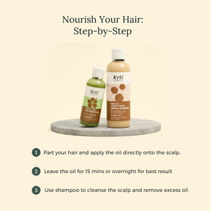 Step-by-step visual guide to using Hair Growth Oil and Herbal Shampoo combo – apply oil, leave for 1 hour, rinse with shampoo