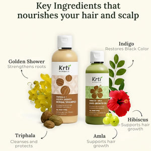 Ayurvedic ingredients in Hair Growth Oil and Herbal Shampoo – including Hibiscus, Amala, Triphala and Golden Shower.