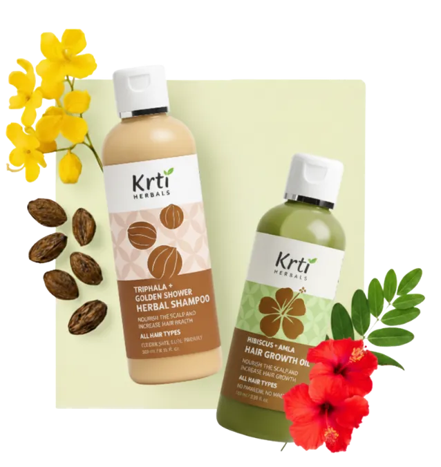 Key benefits of Krti Herbals Hair Growth Oil – reduce hair fall, promote hair growth and Triphala Herbal Shampoo – cleanses scalp, supports hair growth, and reduces hair fall