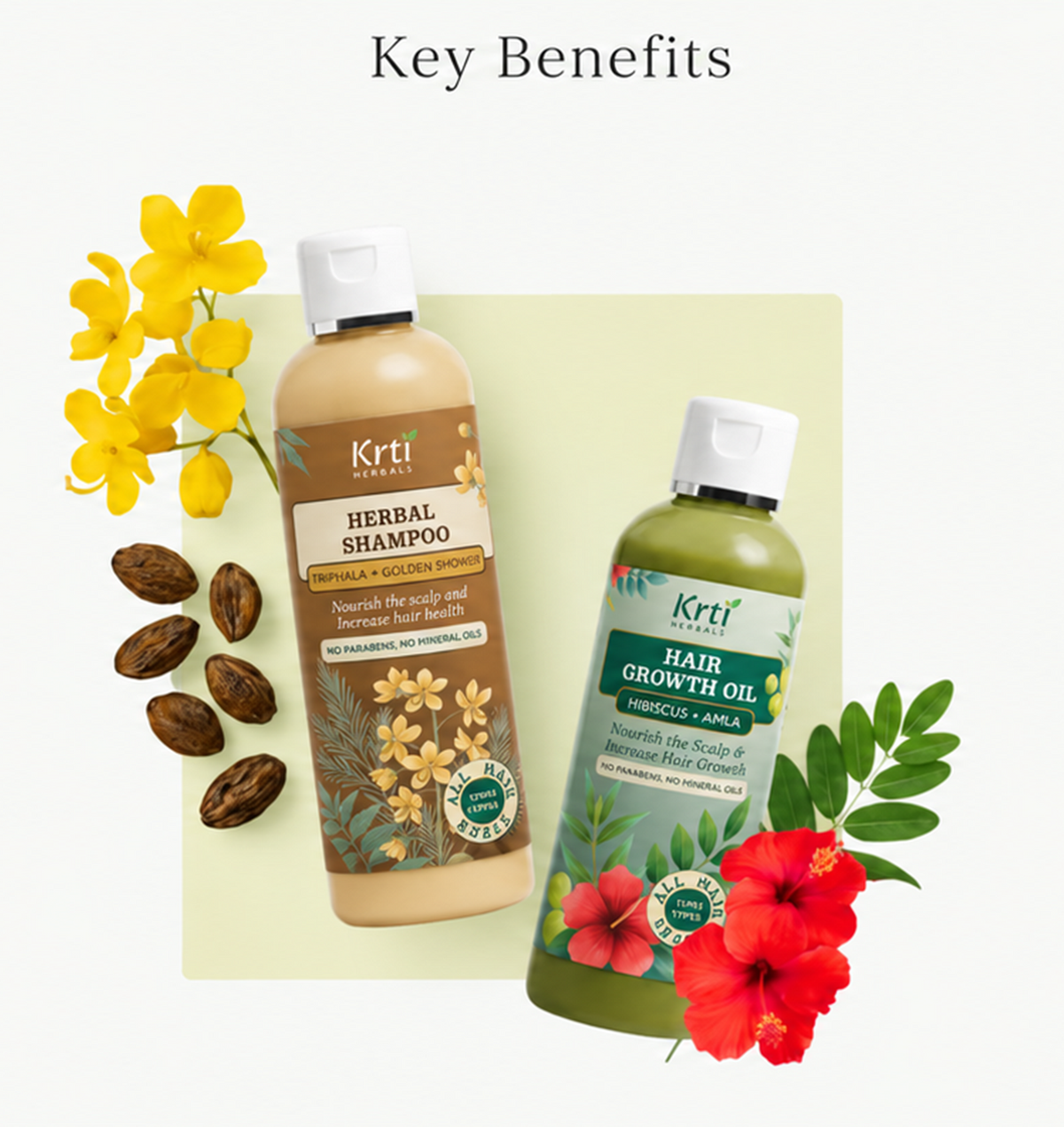 Key benefits of Krti Herbals Hair Growth Oil – reduce hair fall, promote hair growth and Triphala Herbal Shampoo – cleanses scalp, supports hair growth, and reduces hair fall