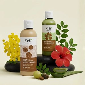 Hair Growth Oil and Triphala Herbal Shampoo combo pack by Krti Herbals – front view with both products arranged together