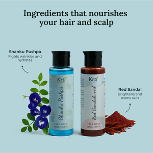 Herbal blend of Red Sandalwood, Shanku Pushpa, Vitamin E, and Glycerin with both face washes