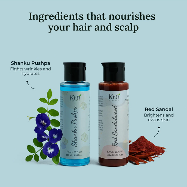 Herbal blend of Red Sandalwood, Shanku Pushpa, Vitamin E, and Glycerin with both face washes