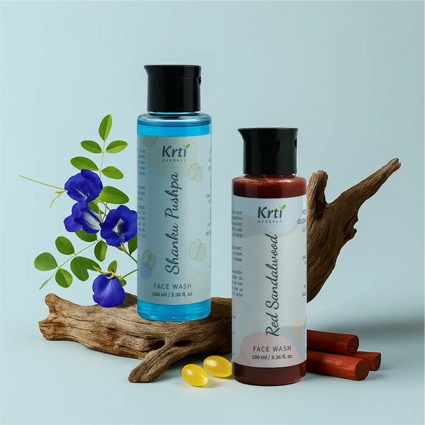 Red Sandalwood and Shanku Pushpa Face Wash tubes with herbs – brightening and anti-aging daily care duo