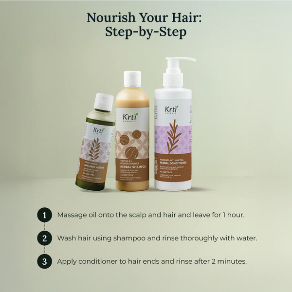 Step-by-step visual – apply oil, wash with shampoo, and condition hair ends with Rosemary Conditioner