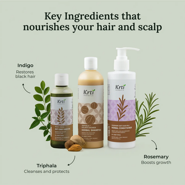Ayurvedic blend of Indigo, Curry Leaves, Triphala, Neem, Bhringraj, and Rosemary used in Krti’s oil, shampoo, and conditioner