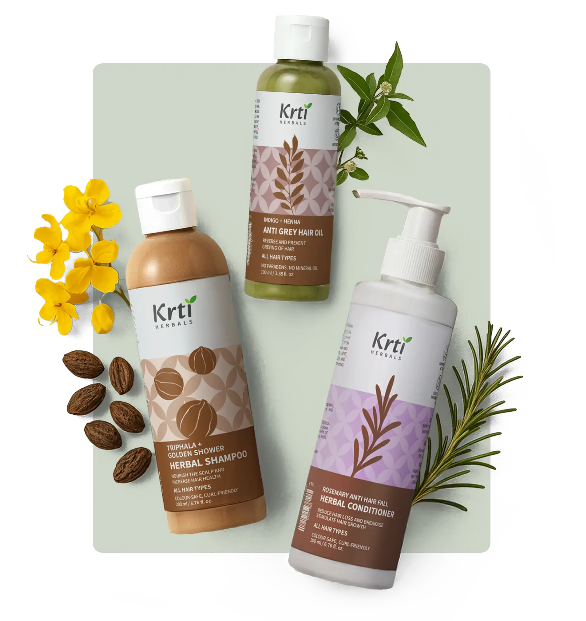 Ayurvedic blend of Indigo, Curry Leaves, Triphala, Neem, Bhringraj, and Rosemary used in Krti’s oil, shampoo, and conditione
