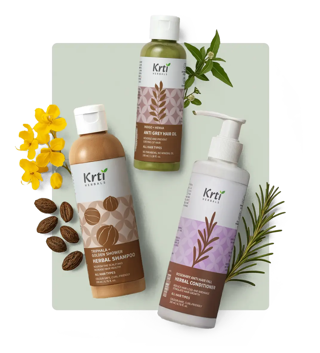 Ayurvedic blend of Indigo, Curry Leaves, Triphala, Neem, Bhringraj, and Rosemary used in Krti’s oil, shampoo, and conditione