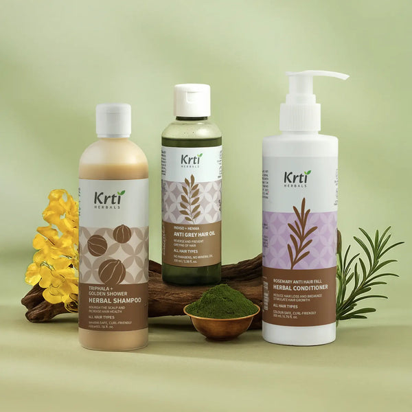 Anti Grey Hair Oil, Herbal Shampoo, and Rosemary Conditioner combo pack with herbs like Triphala, Indigo, Neem, and Rosemary