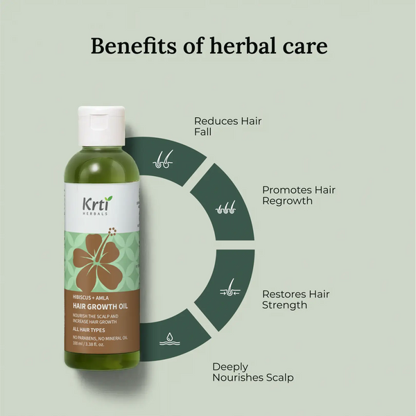 Benefits of Krti Herbals Hair Growth Oil for promoting hair regrowth, strengthening follicles, and preventing hair fall