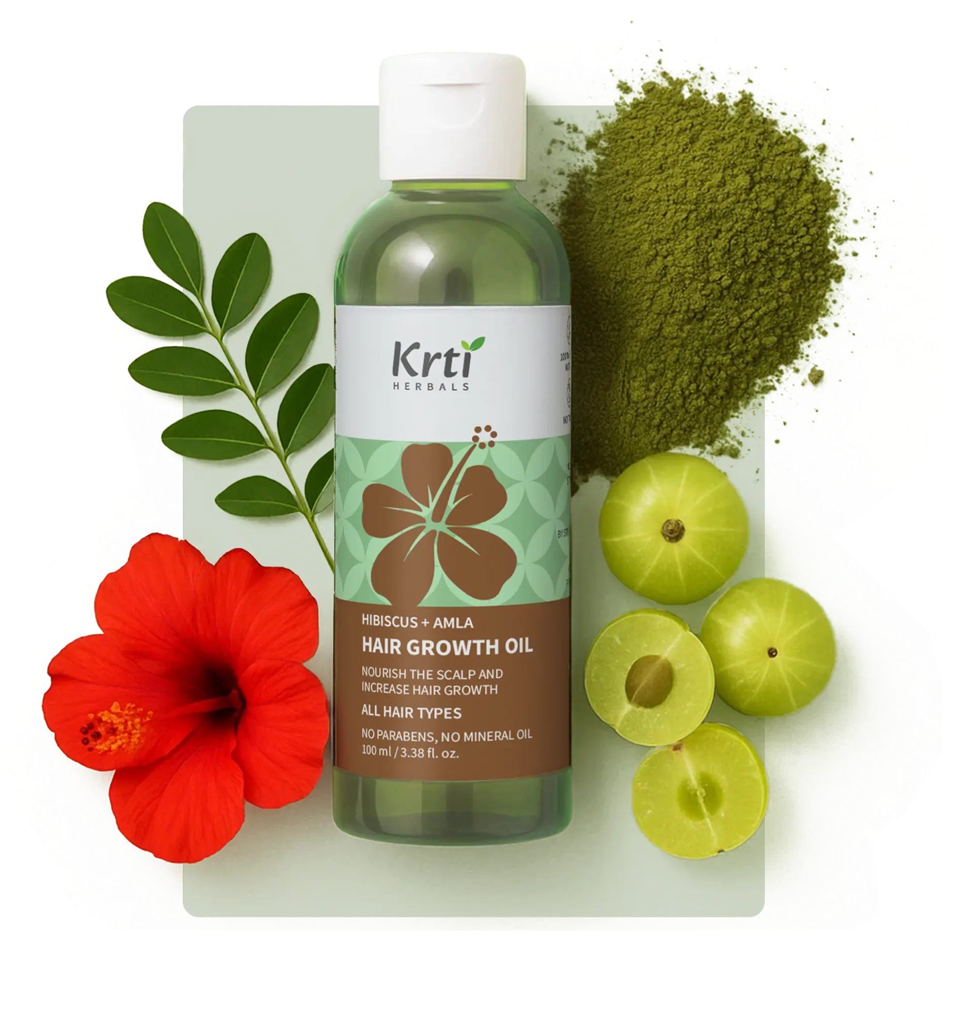 Ingredients used in Krti Herbals Hair Growth Oil, featuring Hibiscus, Amla, Indigo, Henna, Aloe Vera, Little Ironweed