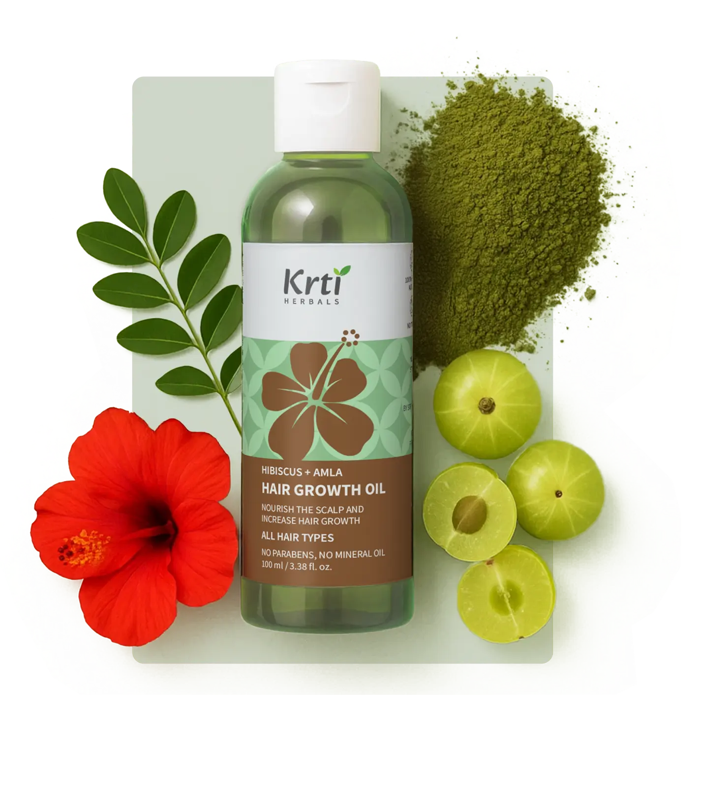 Ingredients used in Krti Herbals Hair Growth Oil, featuring Hibiscus, Amla, Indigo, Henna, Aloe Vera, Little Ironweed