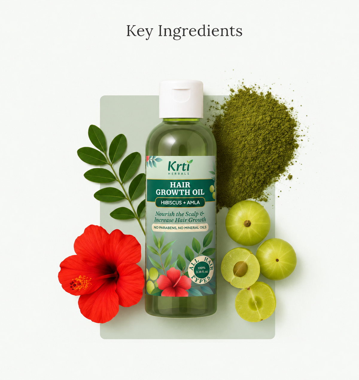 Ingredients used in Krti Herbals Hair Growth Oil, featuring Hibiscus, Amla, Indigo, Henna, Aloe Vera, Little Ironweed