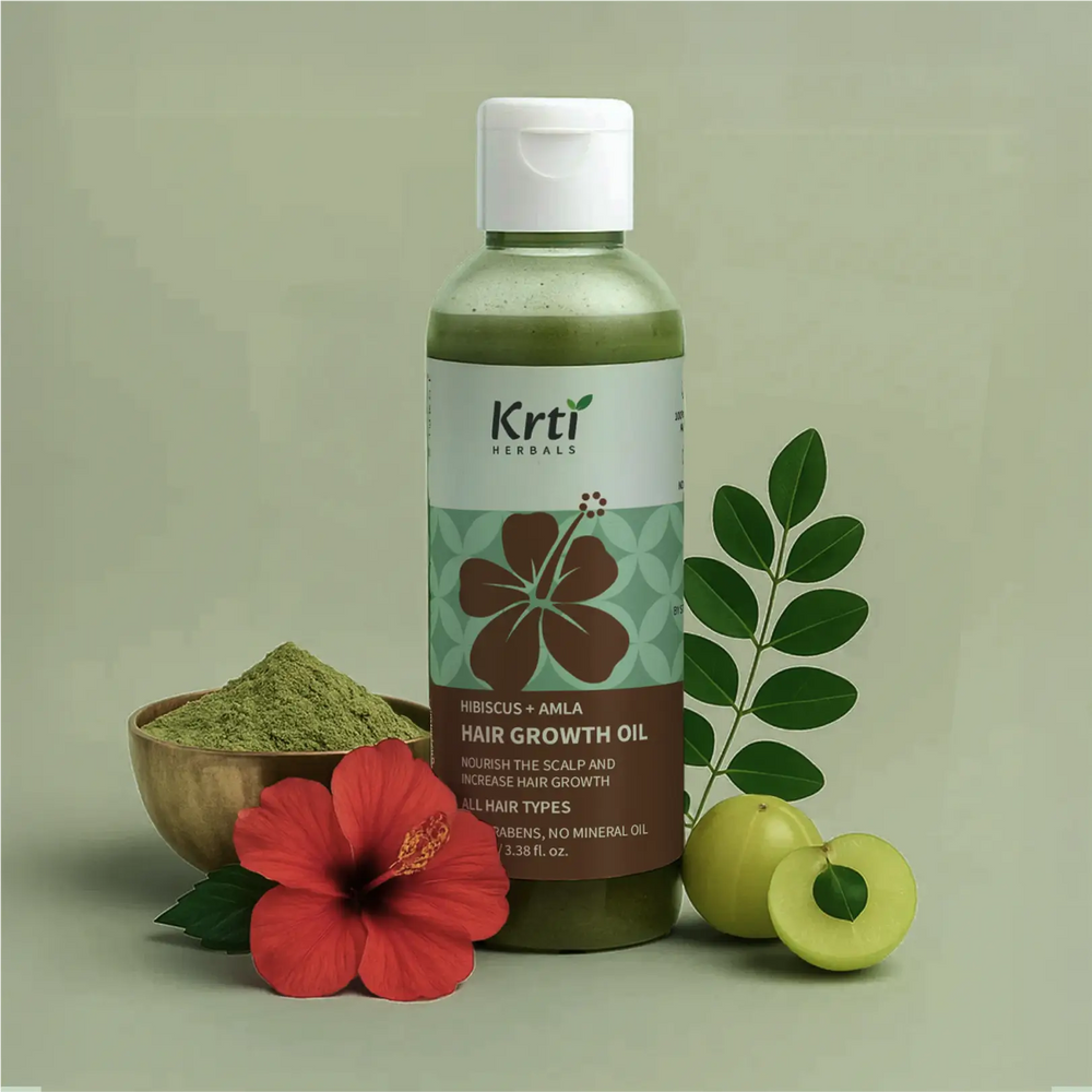 Front view of Krti Herbals Hair Growth Oil showing packaging and label clearly