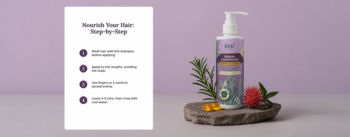 Instructions on how to apply Krti Herbals Rosemary Herbal Conditioner for best results