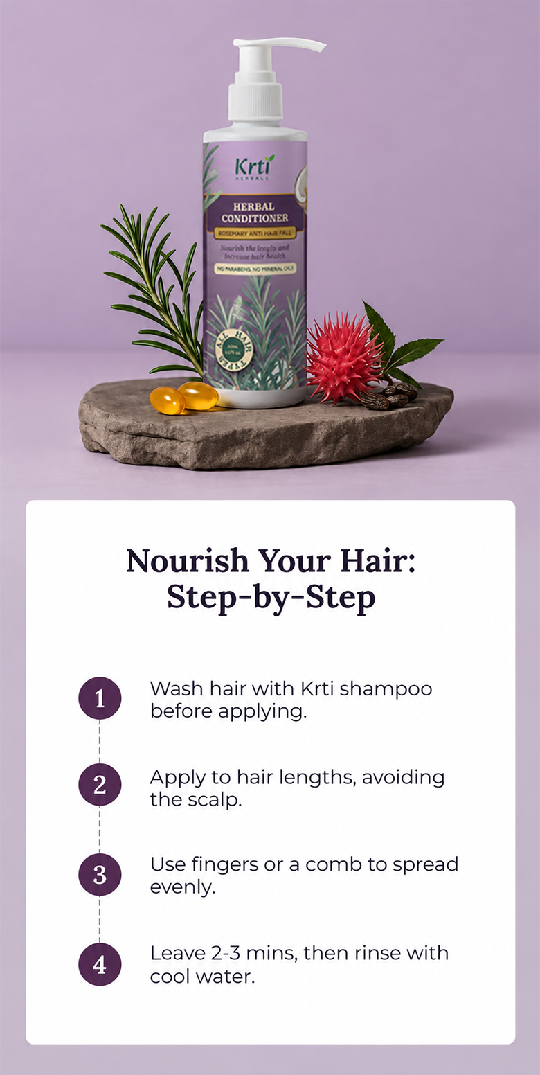 Instructions on how to apply Krti Herbals Rosemary Herbal Conditioner for best results