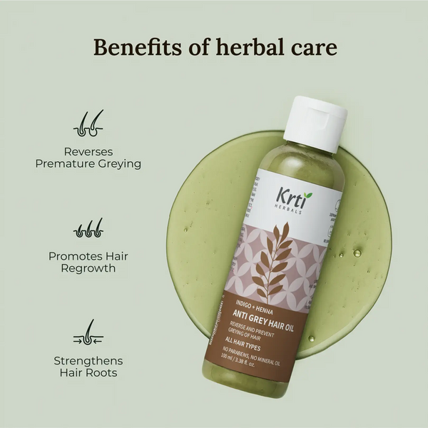 Key benefits of Krti Herbals Anti Grey Hair Oil – reverses greying, strengthens roots, and boosts shine