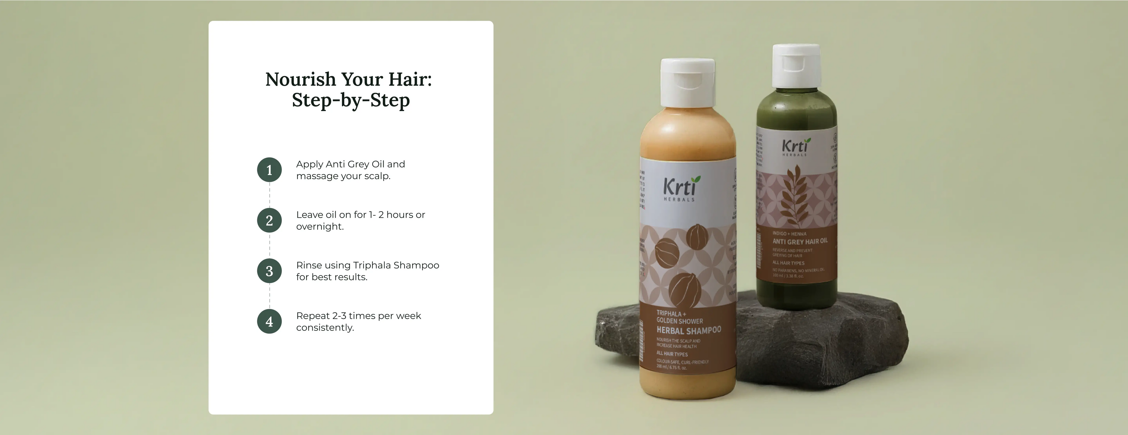 How to use Krti’s Anti Grey Hair Oil and Herbal Shampoo – oil, wait, and cleanse method with weekly routine tip