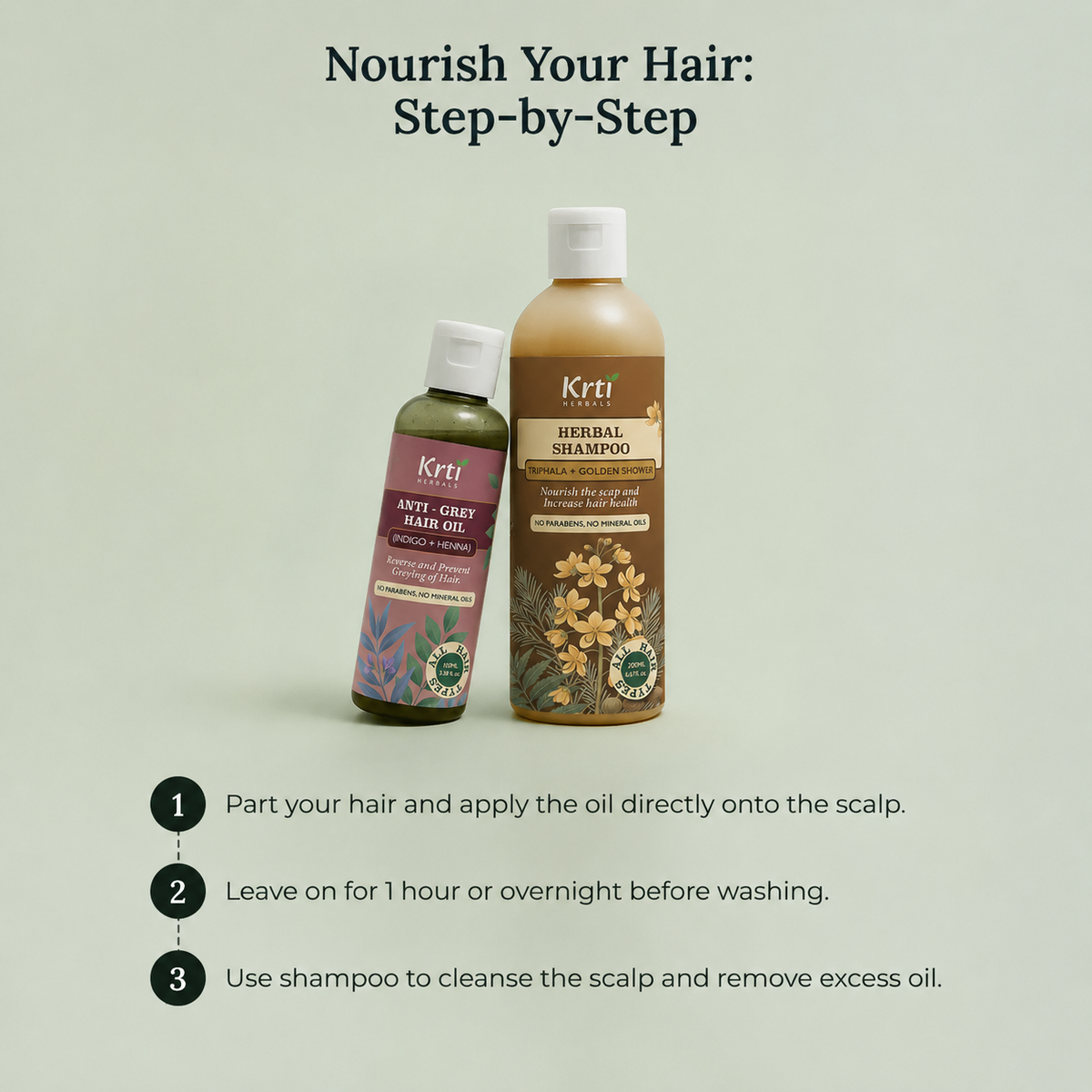 How to use Krti’s Anti Grey Hair Oil and Herbal Shampoo – oil, wait, and cleanse method with weekly routine tip