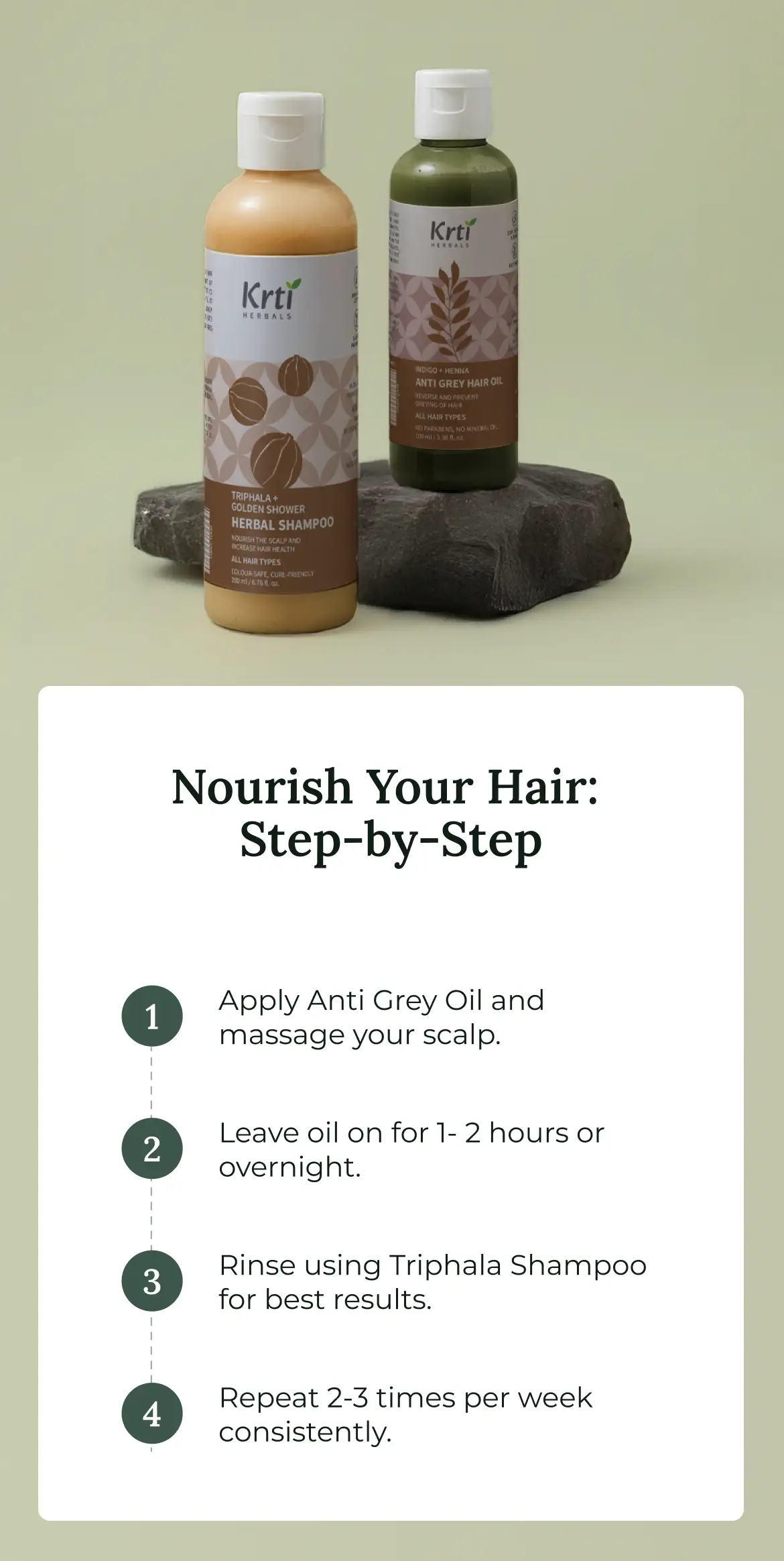  How to use Krti’s Anti Grey Hair Oil and Herbal Shampoo – oil, wait, and cleanse method with weekly routine tip