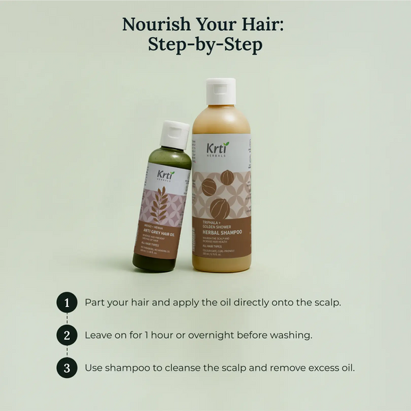 Step-by-step visual guide to using Anti Grey Hair Oil and Herbal Shampoo combo – apply oil, leave for 1 hour, rinse with shampoo
