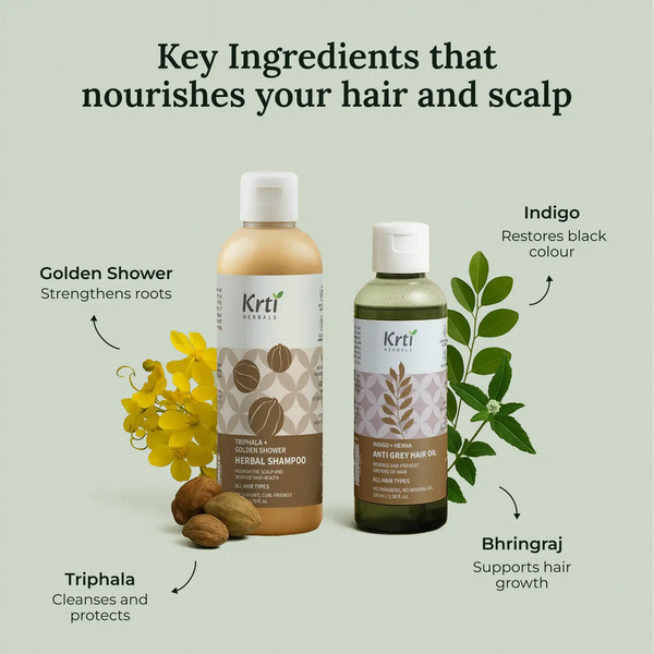Ayurvedic ingredients in Anti Grey Hair Oil and Herbal Shampoo – including Indigo, Curry Leaves, Bhringraj, Triphala, and Neem