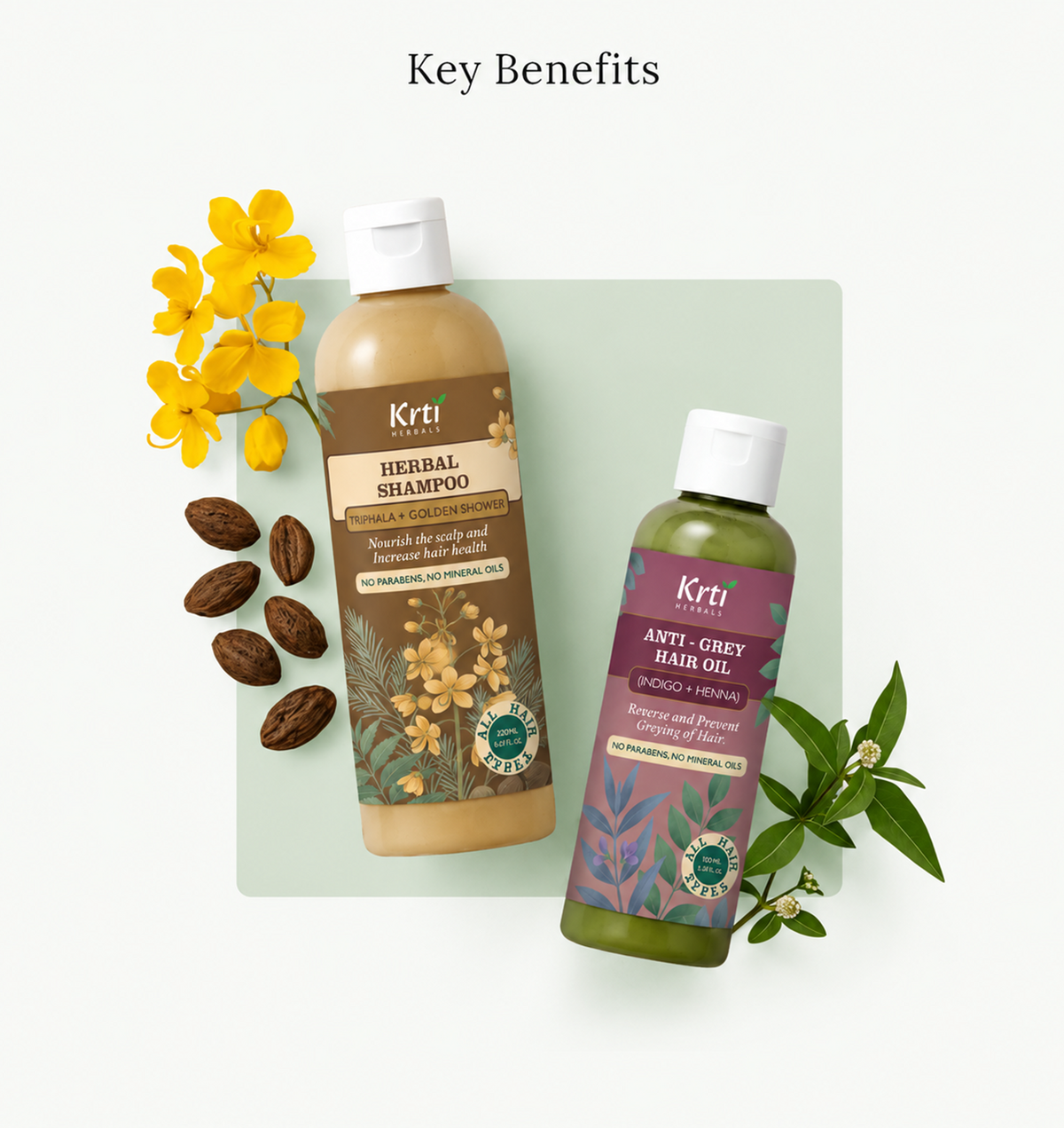 Key benefits of Krti Herbals Anti Grey Hair Oil – reverses greying, strengthens roots, and boosts shine