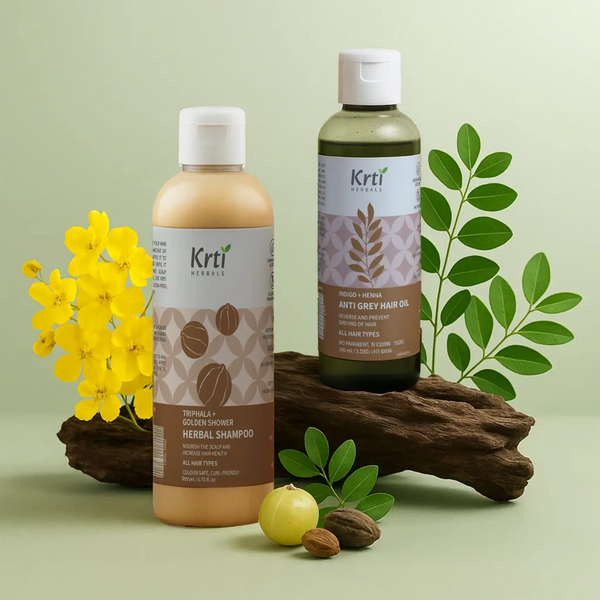 Anti Grey Hair Oil and Triphala Herbal Shampoo combo pack by Krti Herbals – front view with both products arranged together