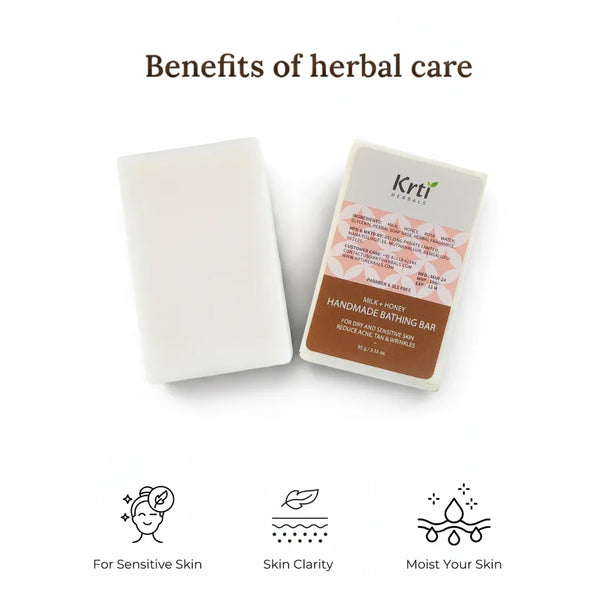 Benefits of Krti Herbals Milk & Honey Handmade Bathing Bar for sensitive skin, skin clarity and moisturising skin 
