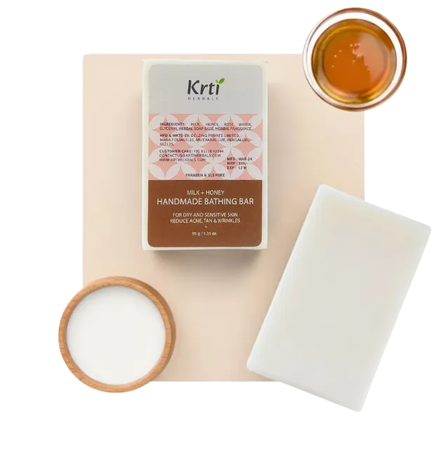 Benefits of Krti Herbals Milk & Honey Handmade Bathing Bar for sensitive skin, skin clarity and moisturising skin 